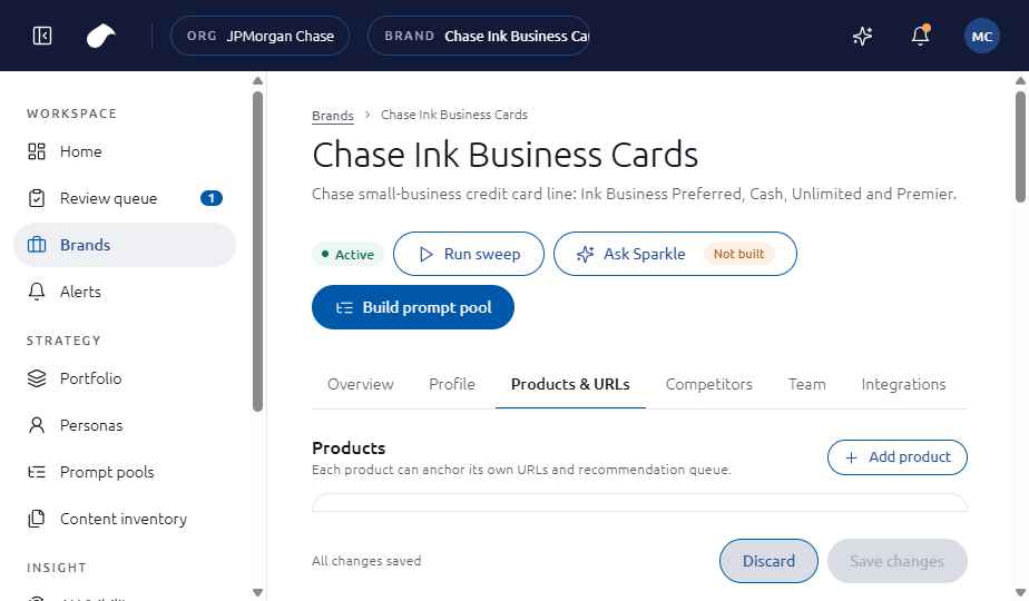 Brand workspace, Products and URLs tab