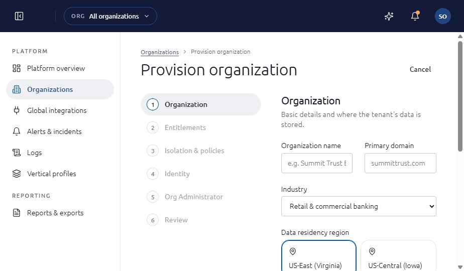Organization step of the provisioning wizard