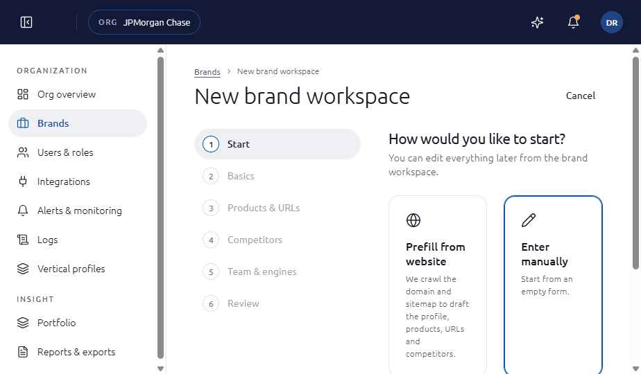 New brand workspace start step